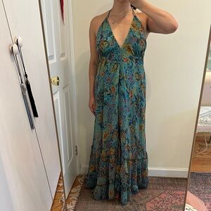Elegant Floral Halter Maxi Dress in Blue and Orange